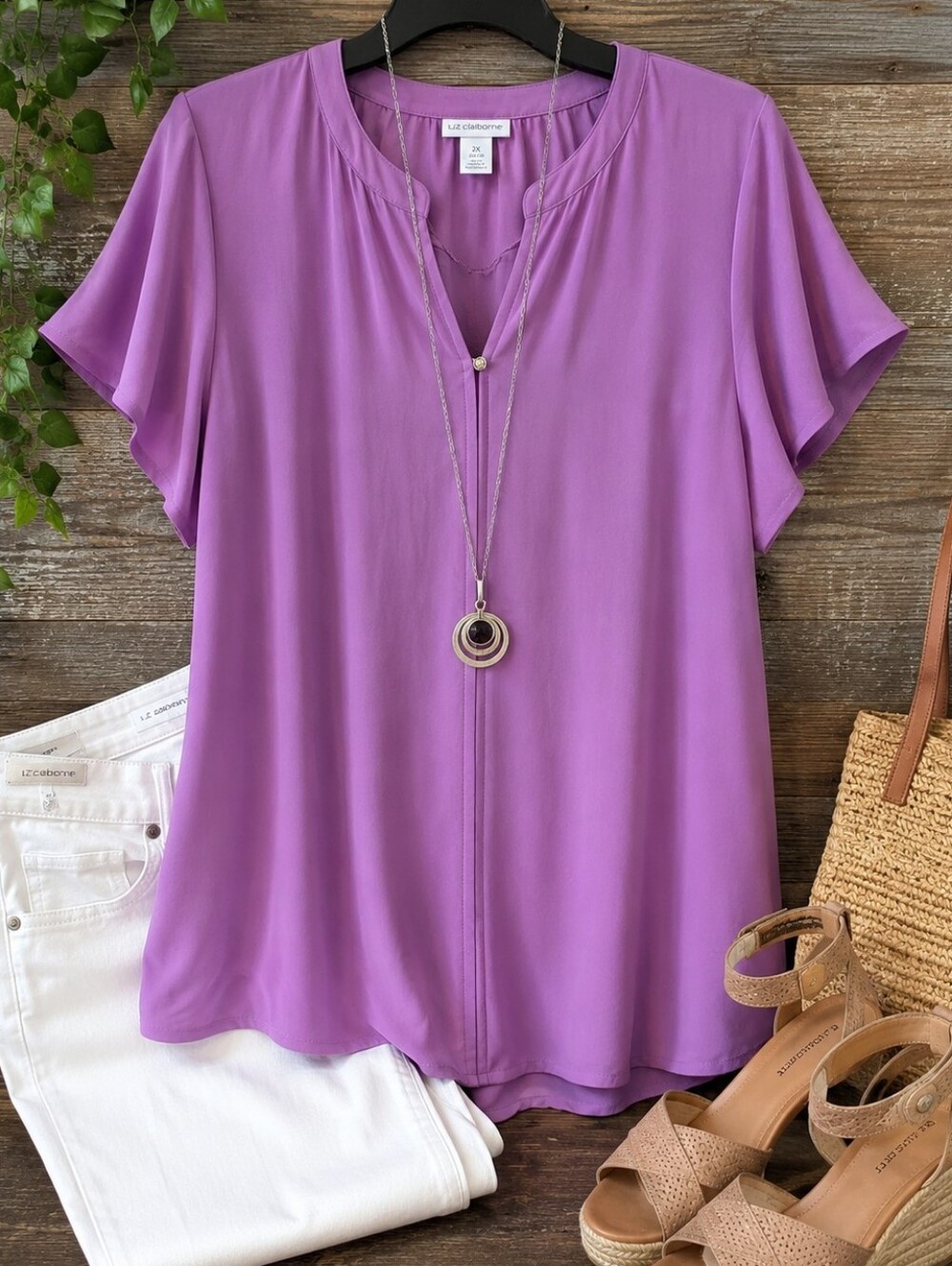 Liz Claiborne 2X Purple Flutter Sleeve Blouse Split Neck Plus Size
